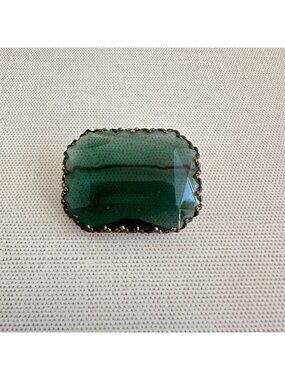 Antique Czech Emerald Green Glass Rectangular Brooch Brass Bezel